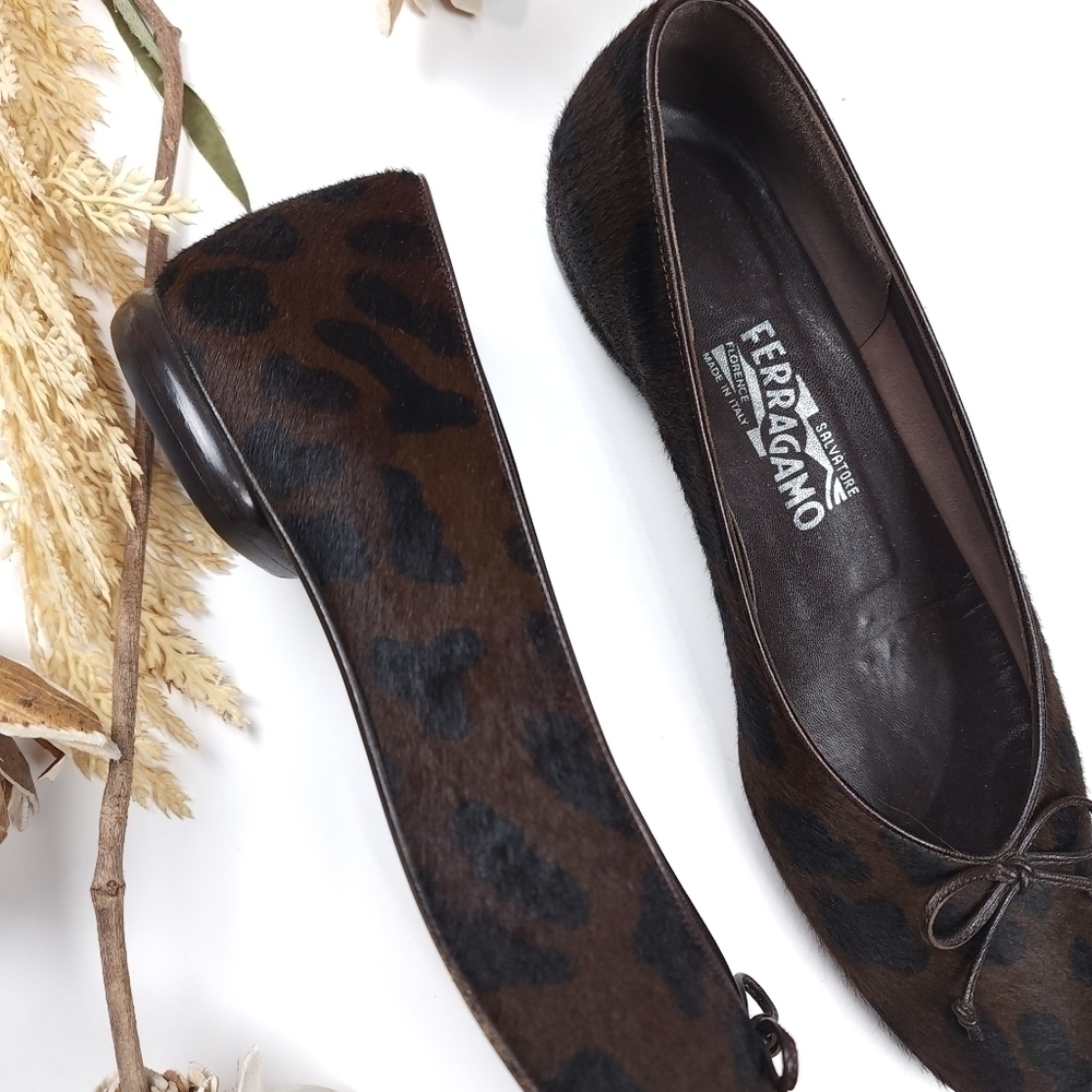 Salvatore Ferragamo Brown Black Leopard Fur Loafer Flats Sz 8½B